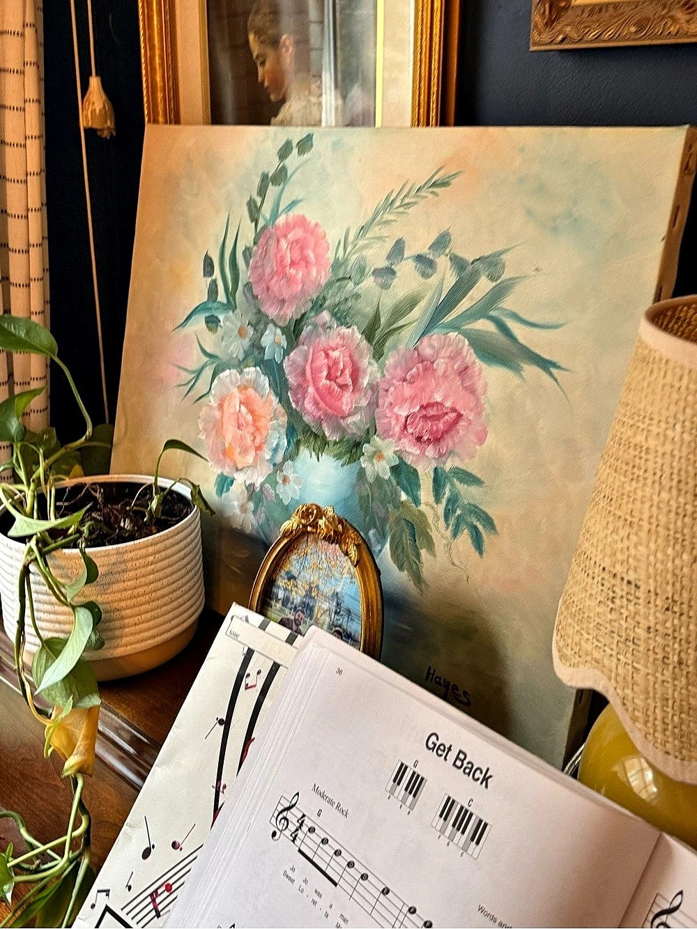 Vintage Floral Painting in Green & Pink